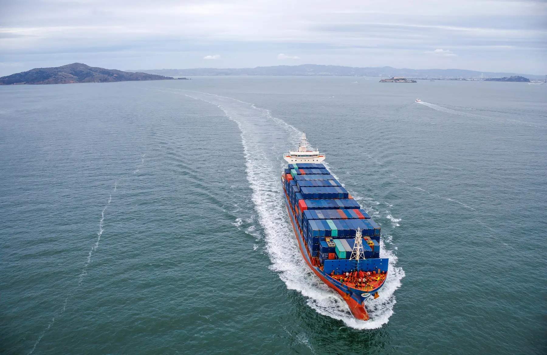 Loaded container ship at sea